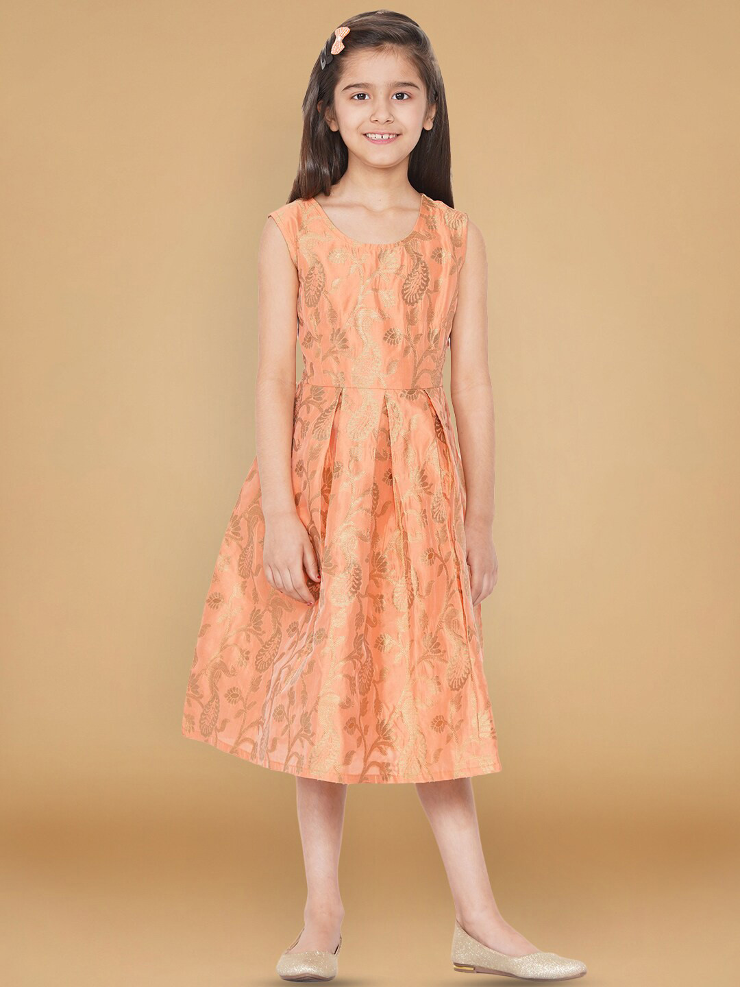 

Aks Kids Zari Work Pleated Fit & Flare Midi Dress, Peach