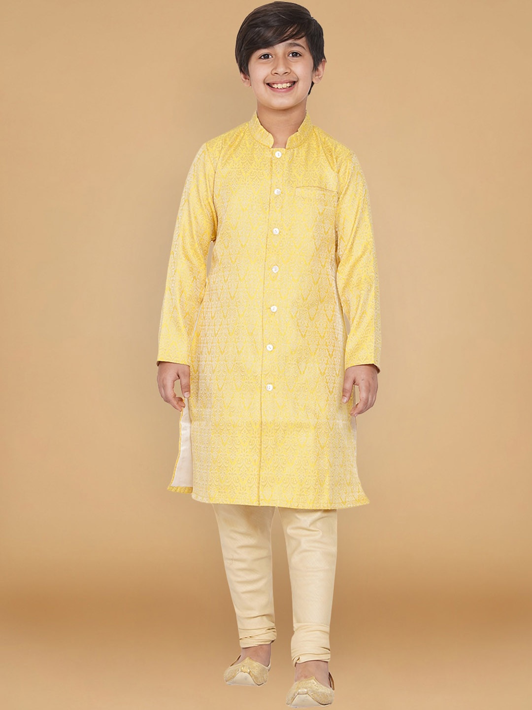 

Aks Kids Boys Woven Design Mandarin Collar Sherwani Set, Yellow