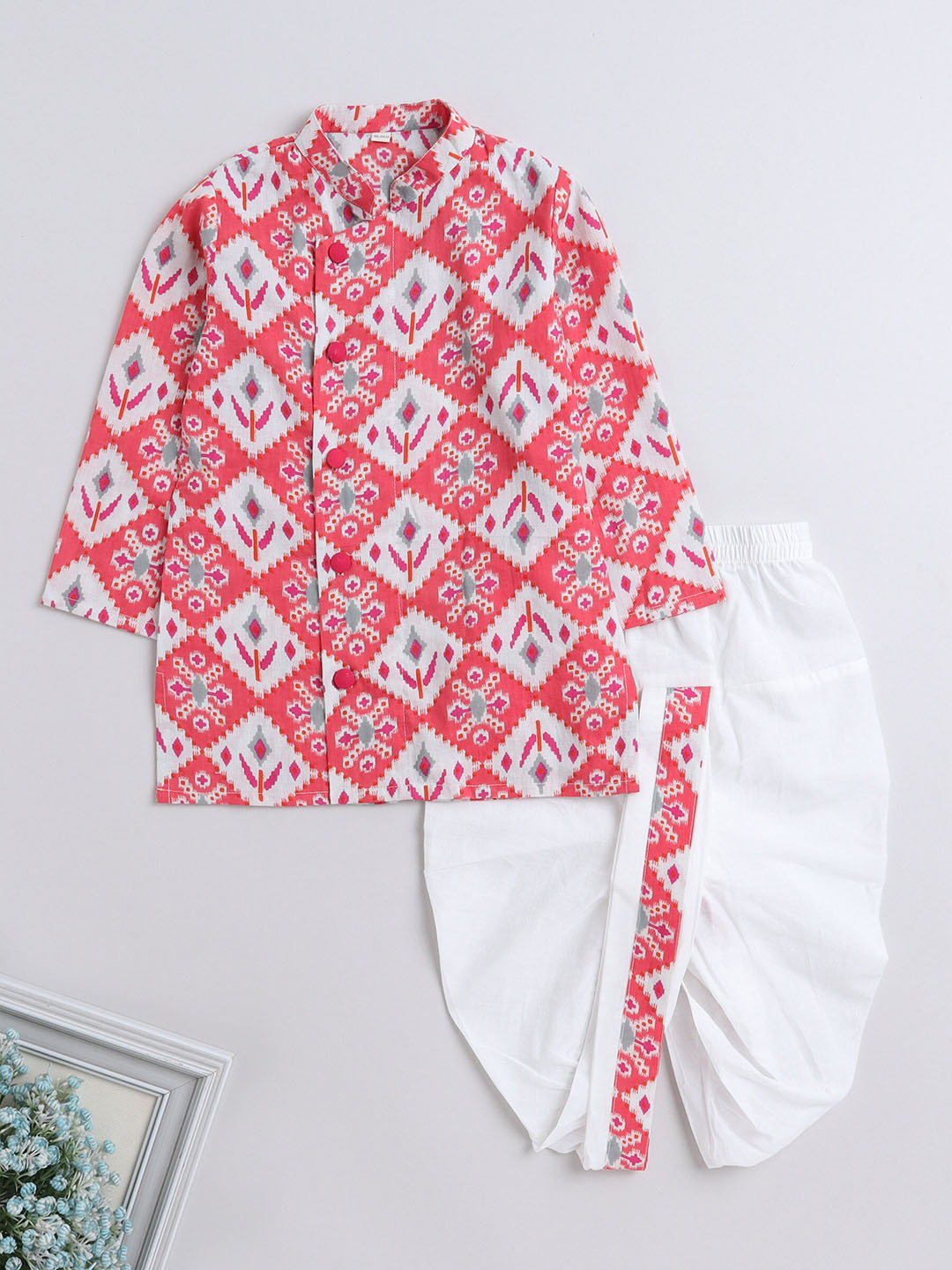 

The Magic Wand Boys Ethnic Motifs Printed Pure Cotton Angrakha Kurta & Dhoti Pants, Peach