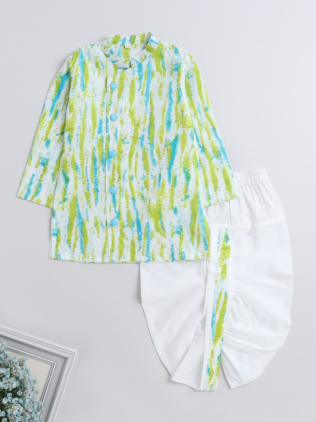 

The Magic Wand Boys Abstract Printed Mandarin Collar Cotton Angrakha Kurta & Dhoti Pants, Green