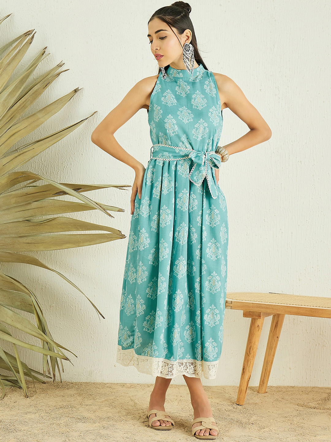 

MASSTANI BY INDDUS Foil Printed Sleeveless Cotton Fit & Flare Ethnic Dress With Belt, Blue