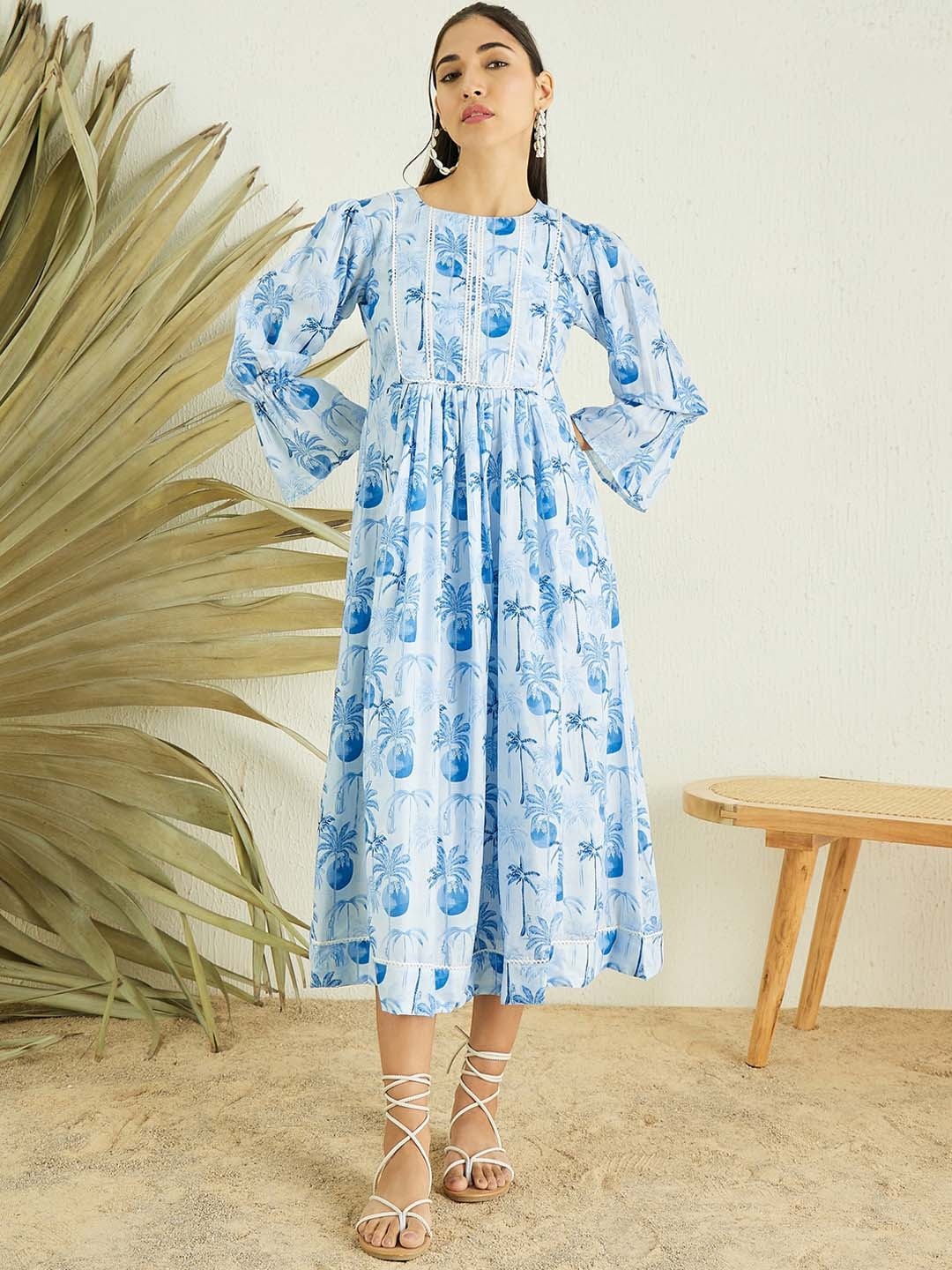 

MASSTANI BY INDDUS Tropical Printed Bell Sleeves Gathered Detail A-Line Dress, Blue