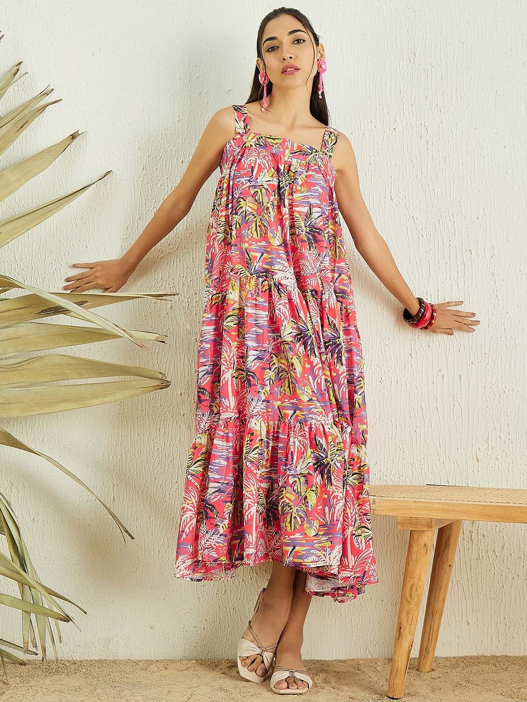 

MASSTANI BY INDDUS Floral Printed Flared Midi Dress, Pink