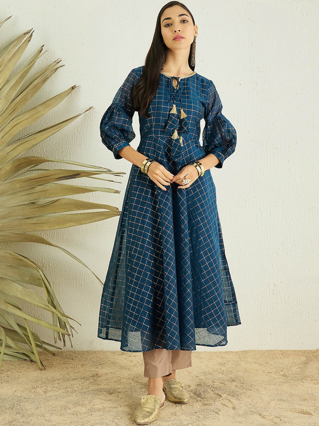 

MASSTANI BY INDDUS Geometric Printed Tie-Up Neck Gotta Patti Cotton Anarkali Kurta, Teal