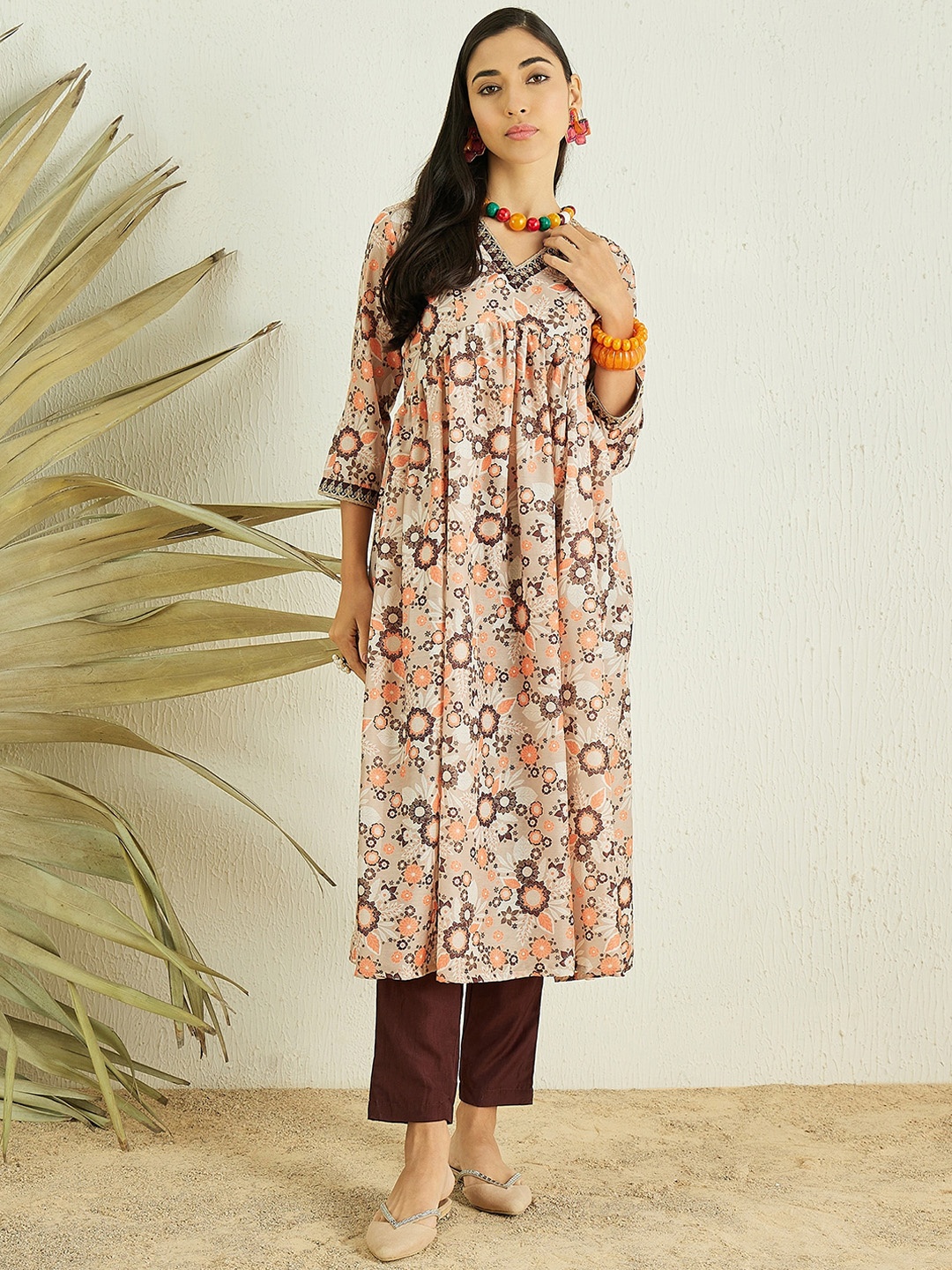 

MASSTANI BY INDDUS Floral Printed Pleated Kurta With Trousers, Beige