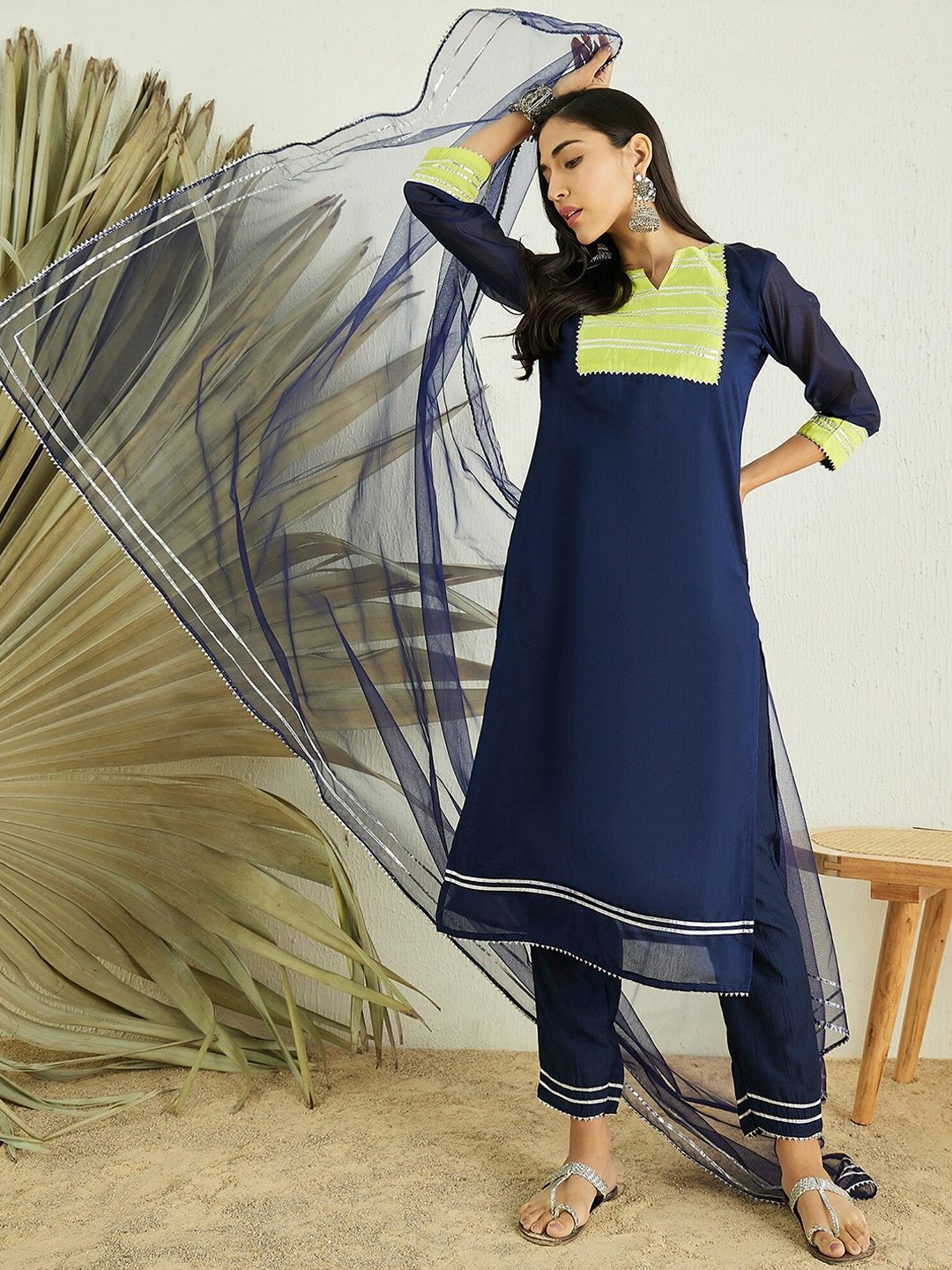 

MASSTANI BY INDDUS Yoke Design Gotta Patti Chanderi Cotton Kurta With Trousers & Dupatta, Navy blue