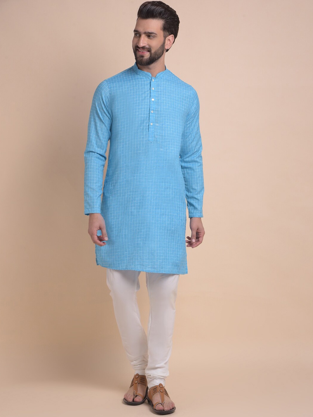 

Anouk Blue & White Geometric Woven Design Cotton Jacquard Kurta with Churidar