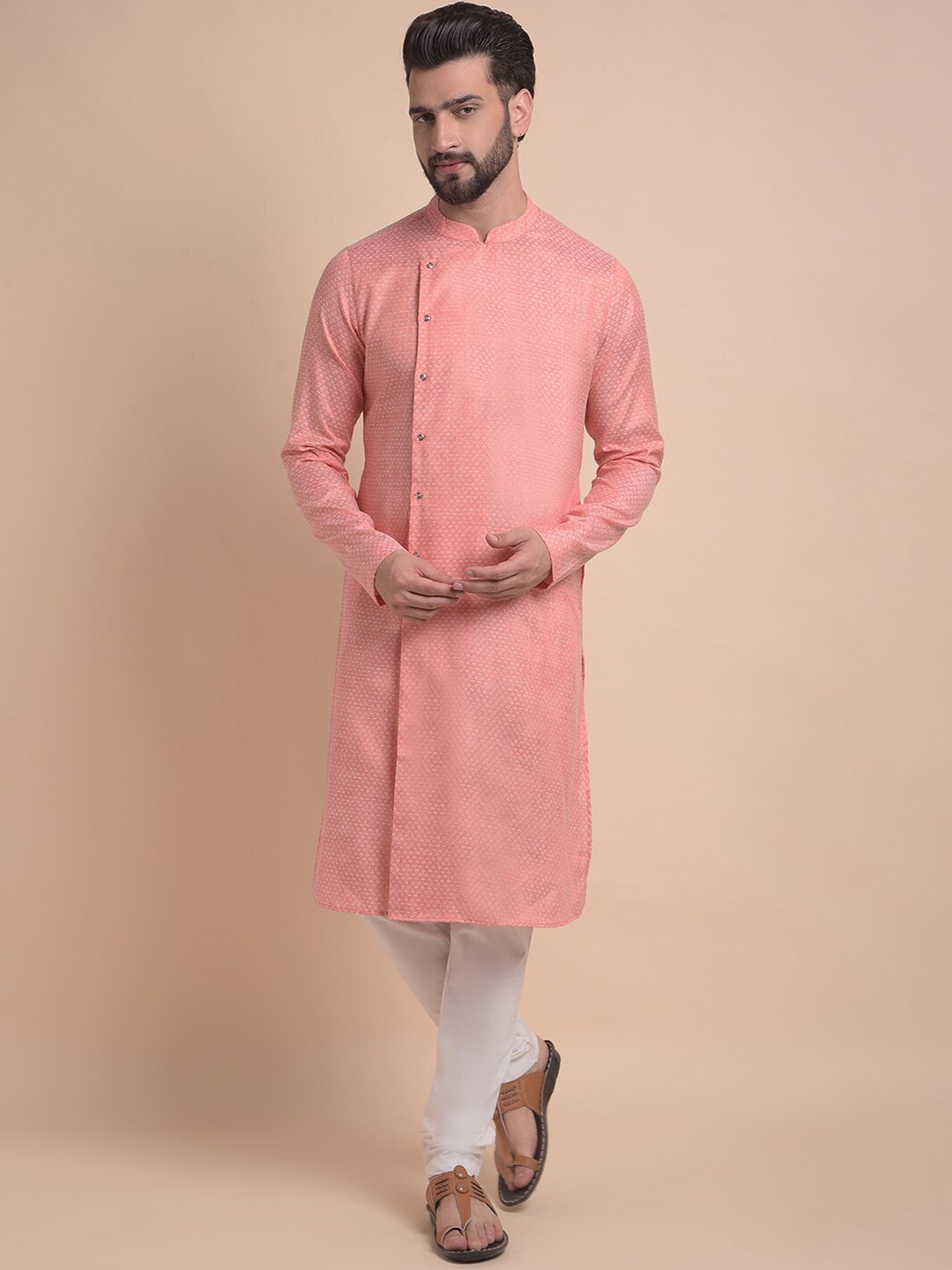 

Anouk Red & White Ethnic Motifs Woven Design Cotton Jacquard Kurta with Churidar