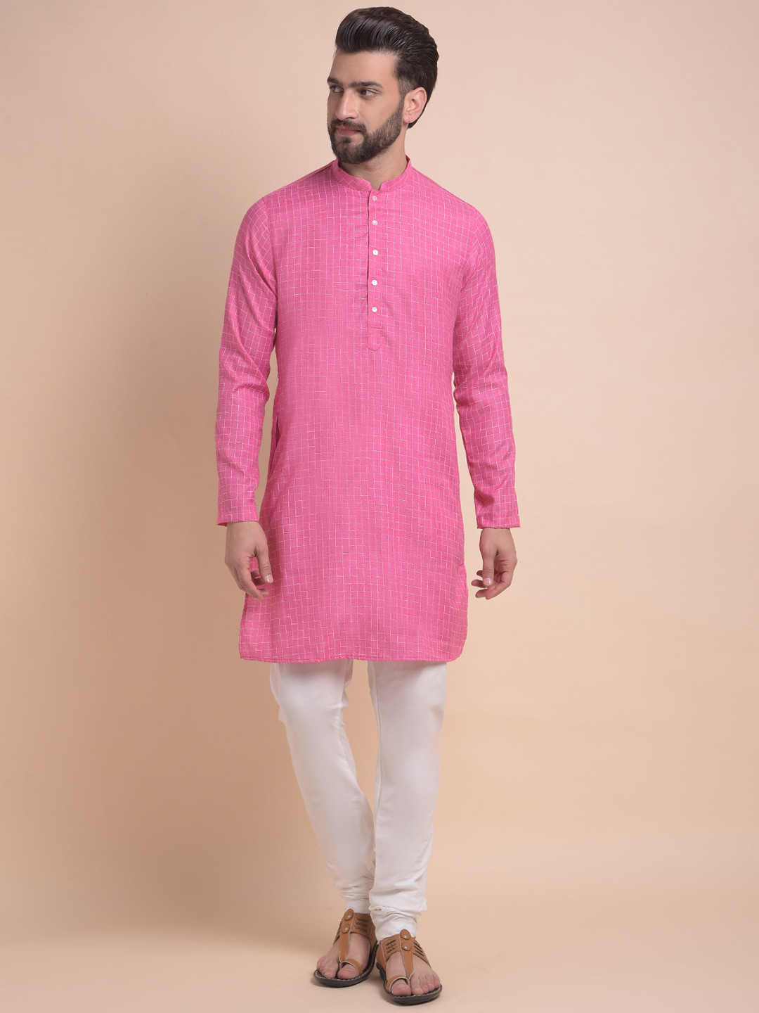 

Anouk Pink Striped Mandarin Collar Straight Kurta with Churidar