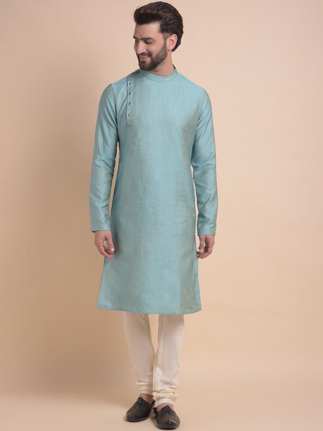 

Anouk Blue & White Ethnic Motifs Woven Design Cotton Jacquard Kurta with Churidar