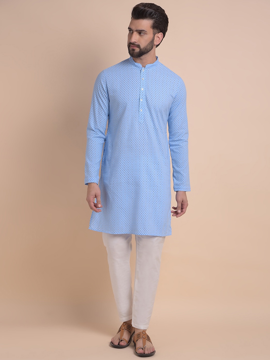 

Anouk Blue & White Geometric Printed Mandarin Collar Pure Cotton Kurta with Pyjamas