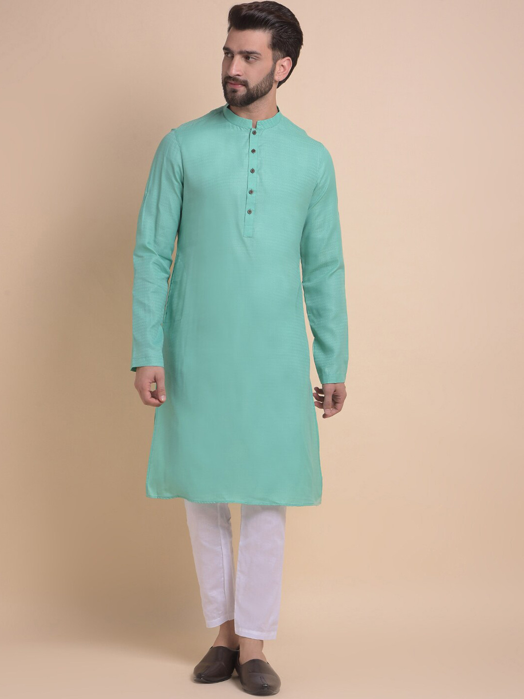 

Anouk Green & White Ethnic Motifs Woven Design Cotton Jacquard Kurta with Pyjamas