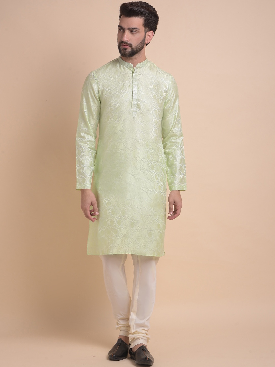 

Anouk Green & White Ethnic Motifs Woven Design Jacquard Silk Kurta with Churidar