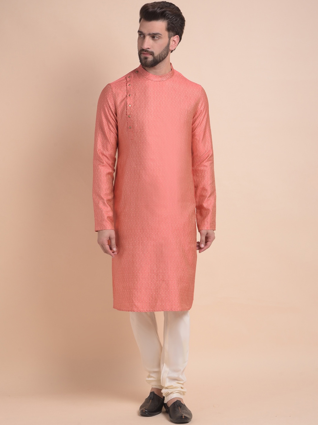 Anouk Coral & White Ethnic Motifs Woven Design Cotton Jacquard Kurta with Churidar
