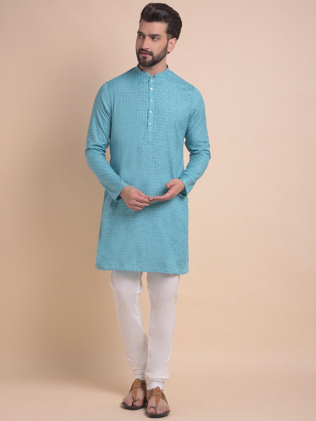 

Anouk Green Checked Mandarin Collar Straight Kurta with Churidar