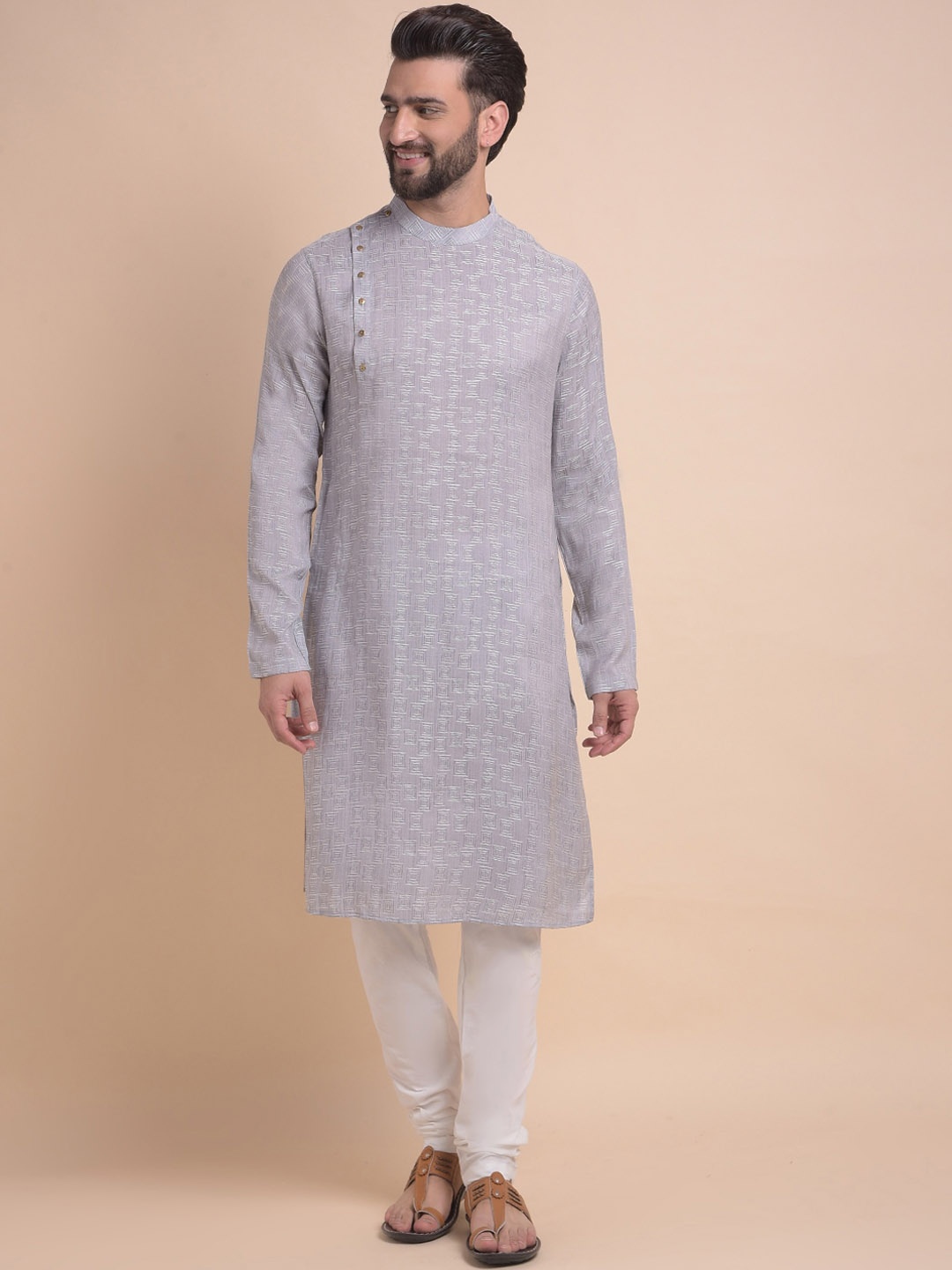 

Anouk Silver-Toned Geometric Printed Band Collar Straight Kurta with Churidar