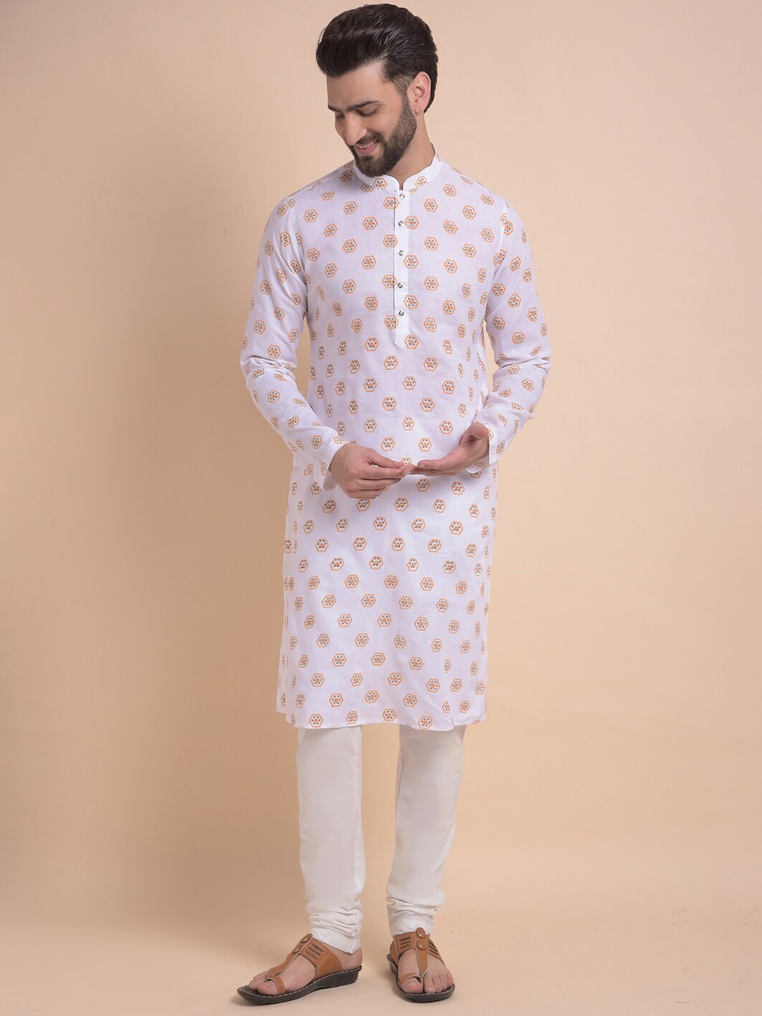 

Anouk White Ethnic Motifs Printed Mandarin Collar Pure Cotton Kurta with Churidar