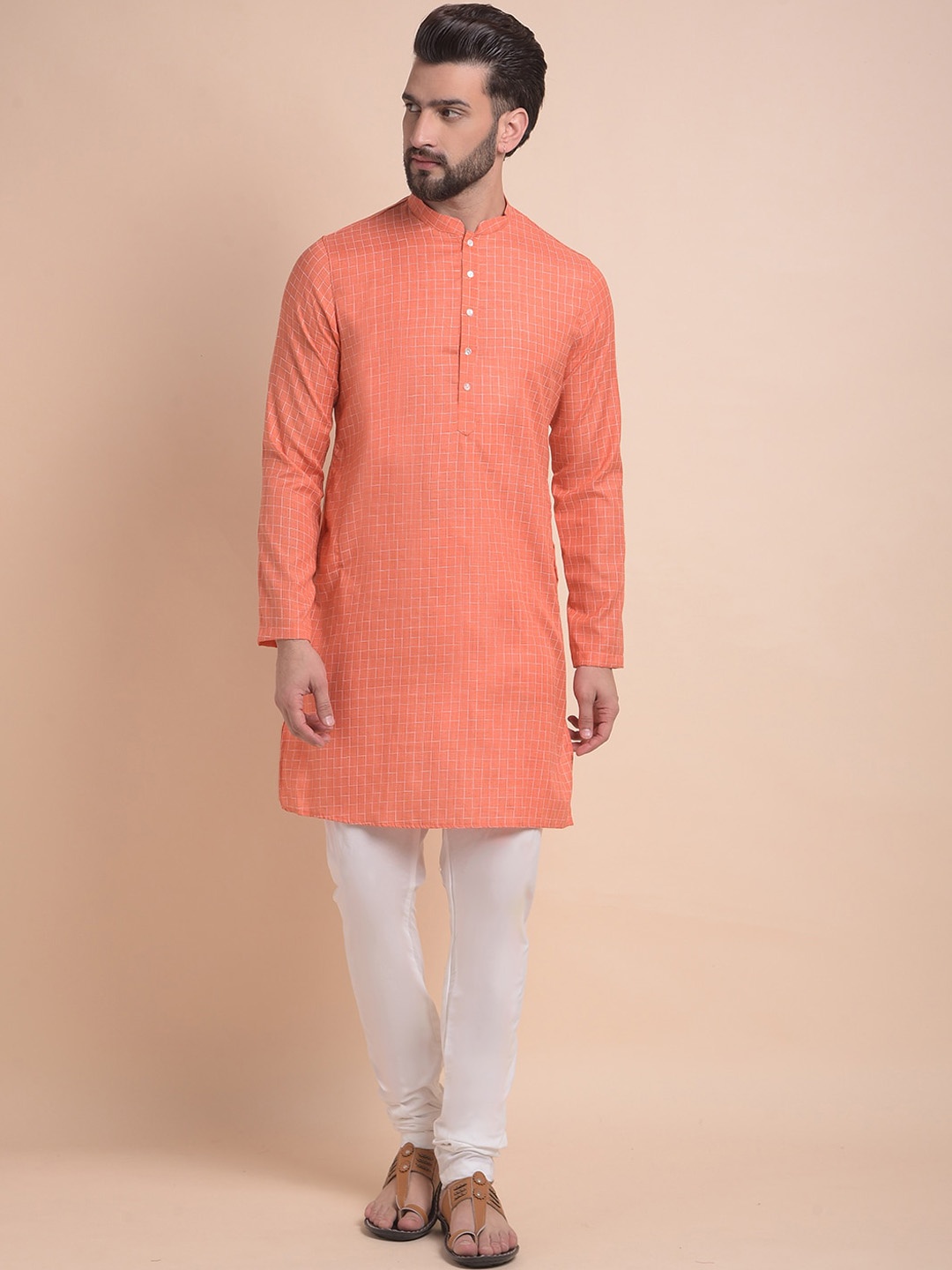 

Anouk Orange & White Geometric Woven Design Cotton Jacquard Kurta with Churidar