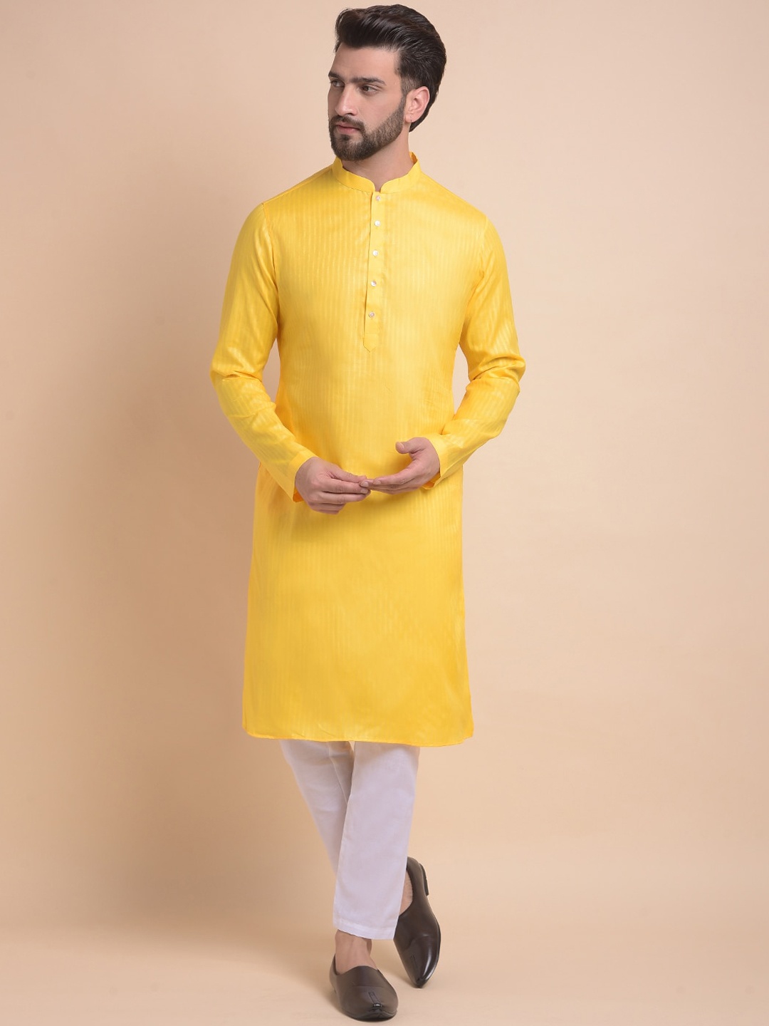 

Anouk Yellow Striped Mandarin Collar Straight Kurta with Pyjama