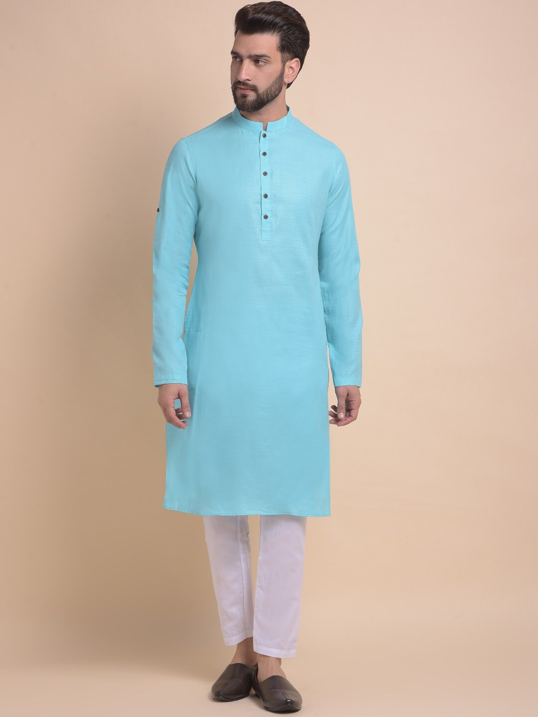 

Anouk Blue Mandarin Collar Straight Kurta with Pyjama