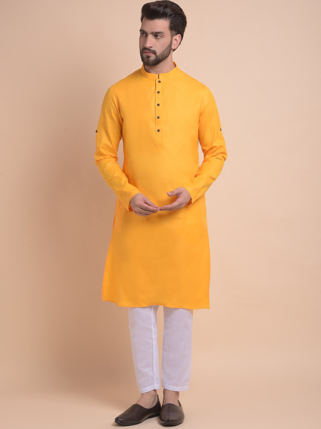 

Anouk Yellow & White Ethnic Motifs Woven Design Cotton Jacquard Kurta with Pyjamas