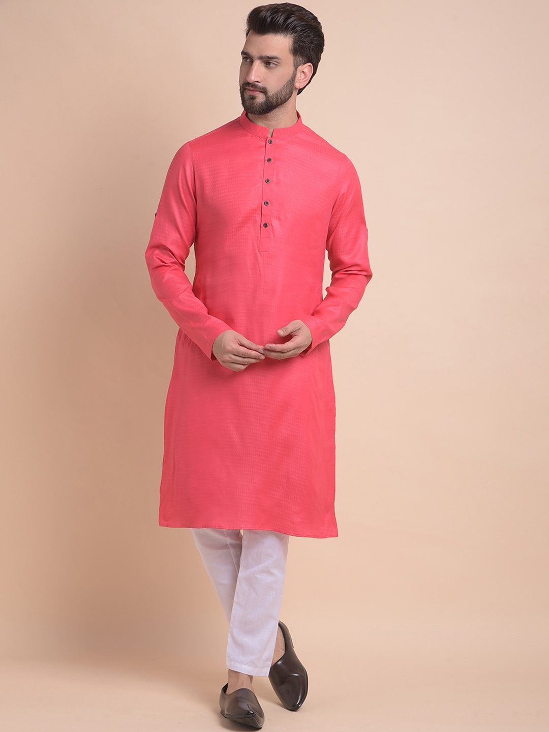 

Anouk Pink Mandarin Collar Roll-Up Detailed Straight Kurta with Pyjama