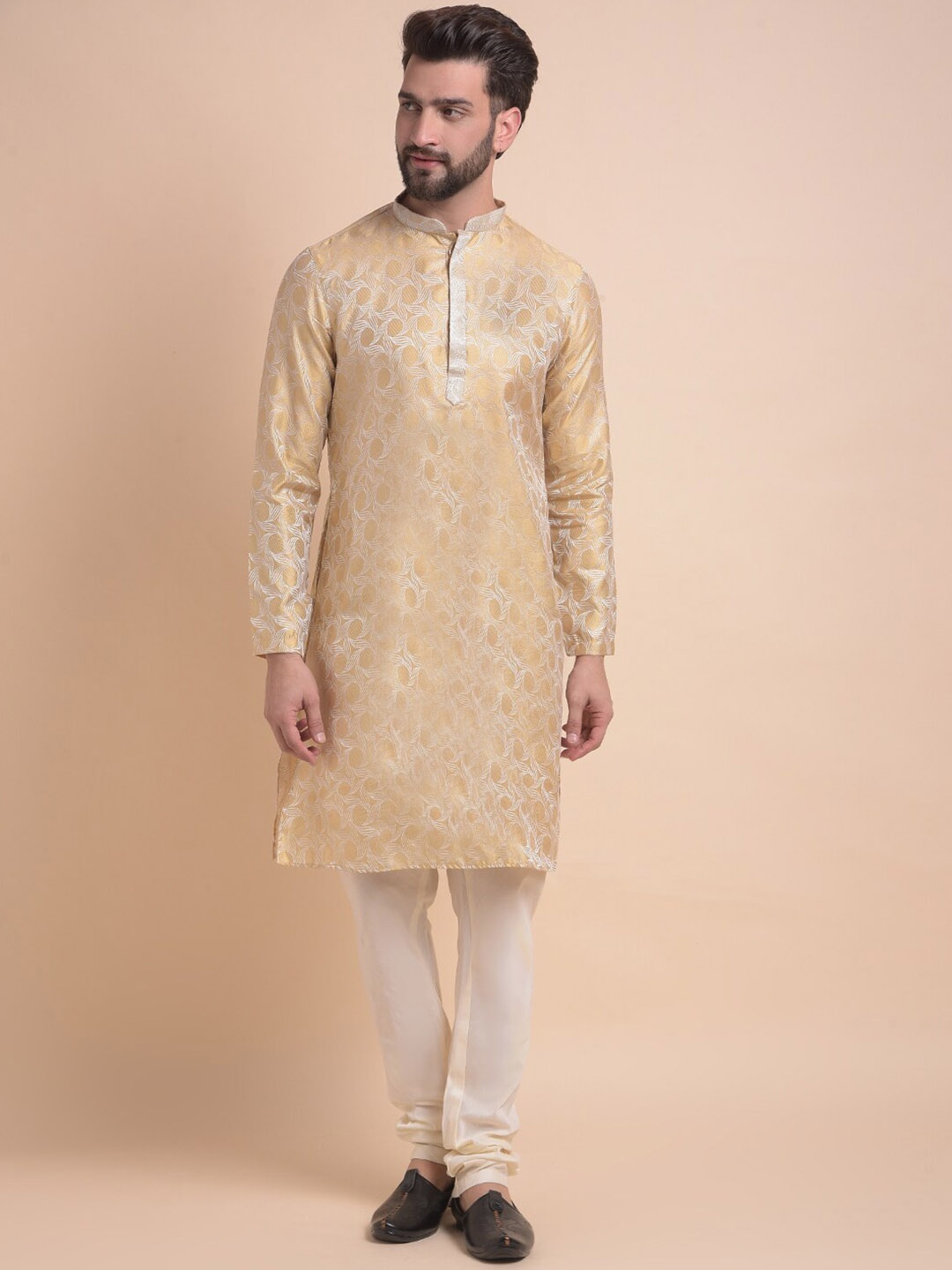 

Anouk Beige & White Ethnic Motifs Woven Design Jacquard Silk Kurta with Churidar