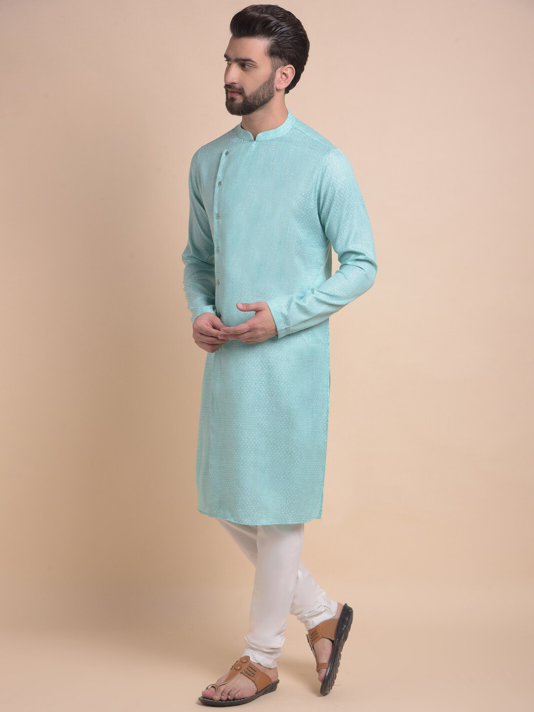 

Anouk Sea Green & White Ethnic Motifs Woven Design Cotton Jacquard Kurta with Churidar