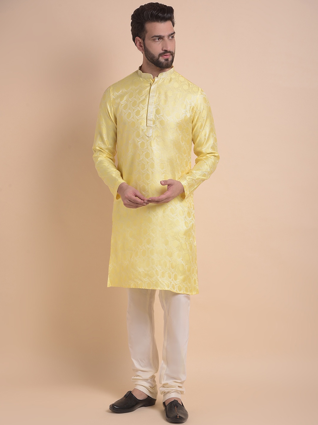 

Anouk Yellow & White Ethnic Motifs Woven Design Jacquard Silk Kurta with Churidar