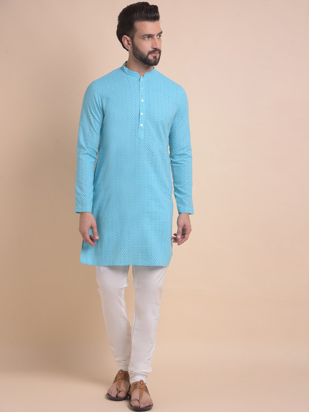 

Anouk Blue & White Geometric Printed Mandarin Collar Pure Cotton Kurta with Churidar