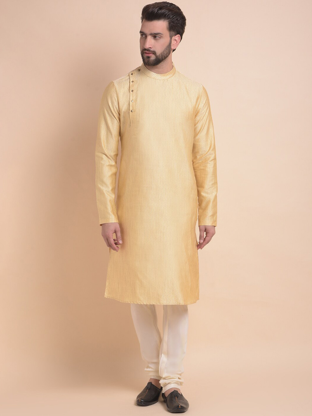 

Anouk Cream-Coloured Band Collar Straight Kurta with Churidar