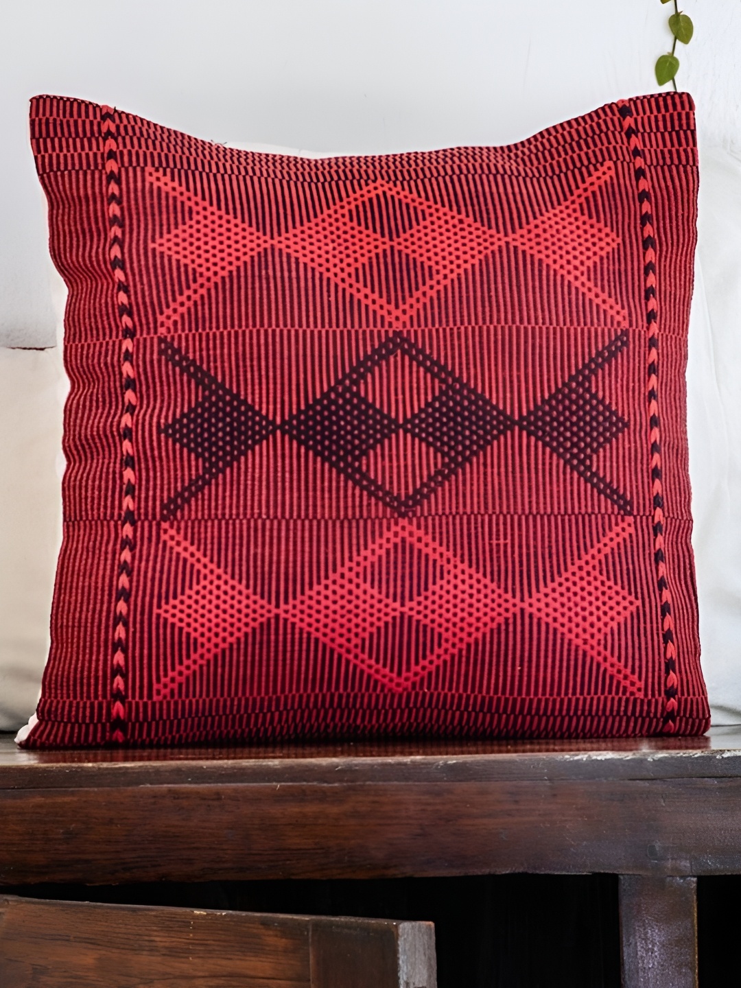 

Peepul Tree Red and Navy Blue Geometric Printed Cotton Square Cushion Cover