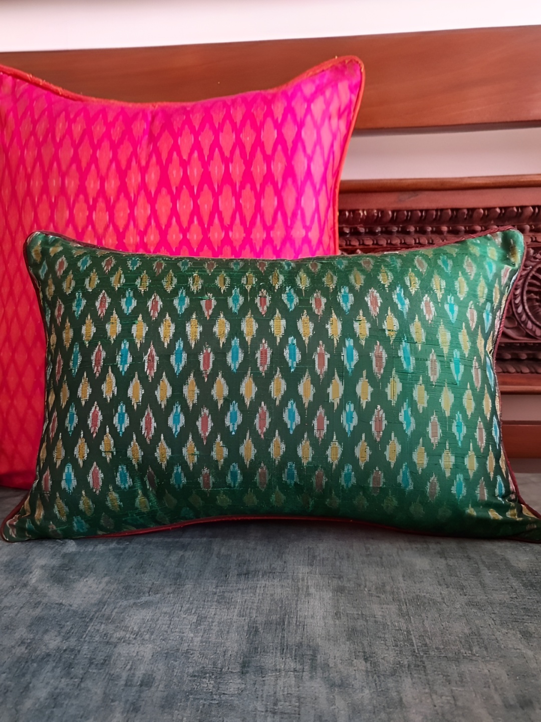 

Peepul Tree Green & Yellow Geometric Printed Cotton silk Rectangle Cushion Cover