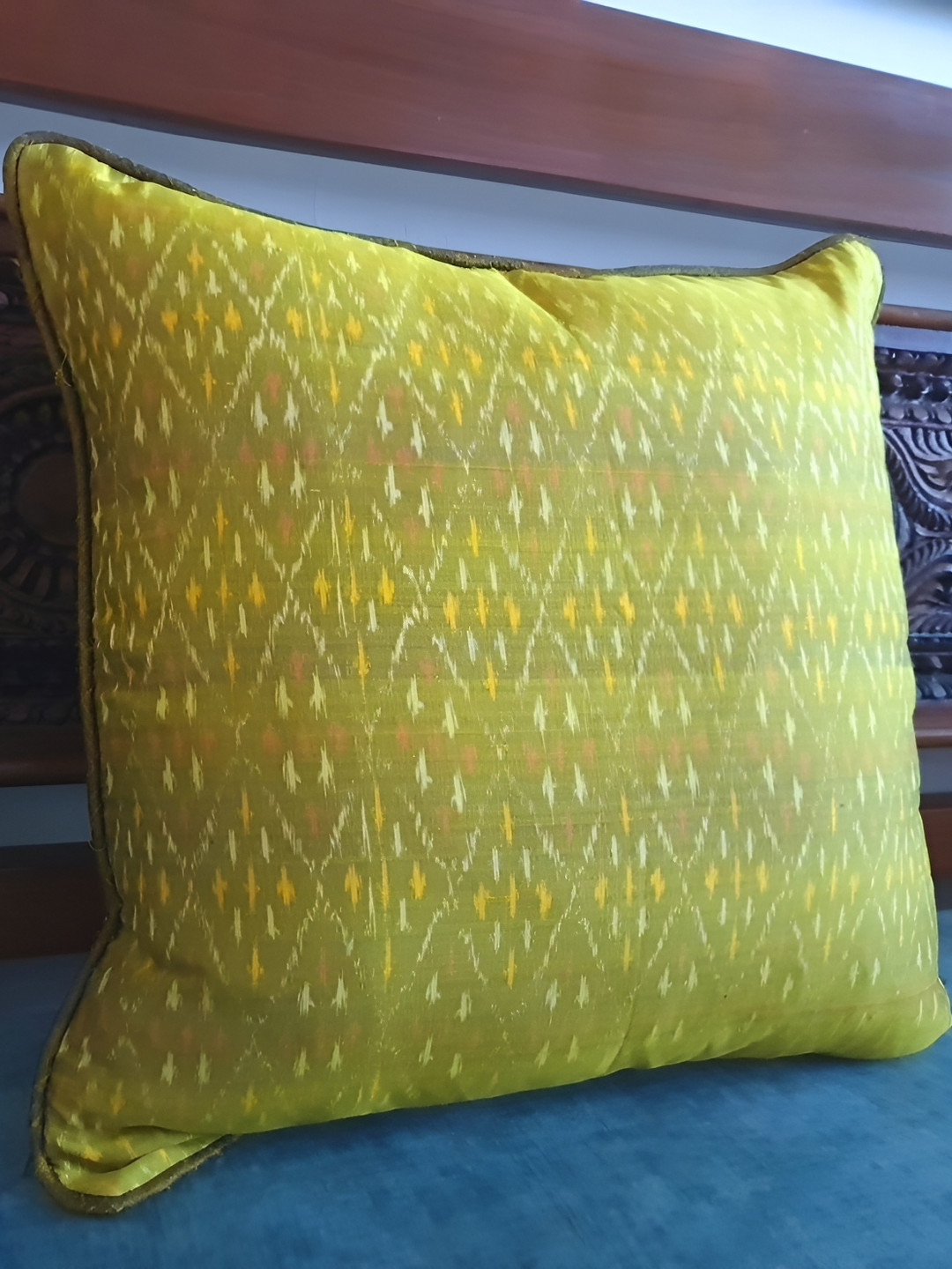 

Peepul Tree Olive Green and Yellow Geometric Printed Cotton Silk Square Cushion Cover