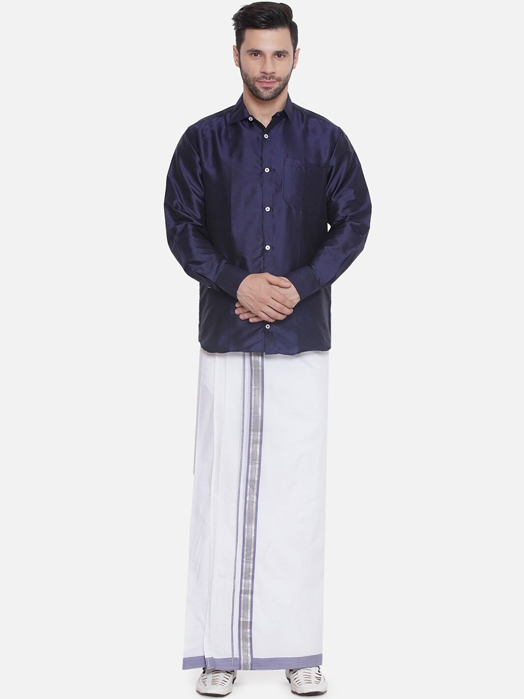 

Sethukrishna Shirt Collar Long Sleeves Shirt With Veshti, Navy blue