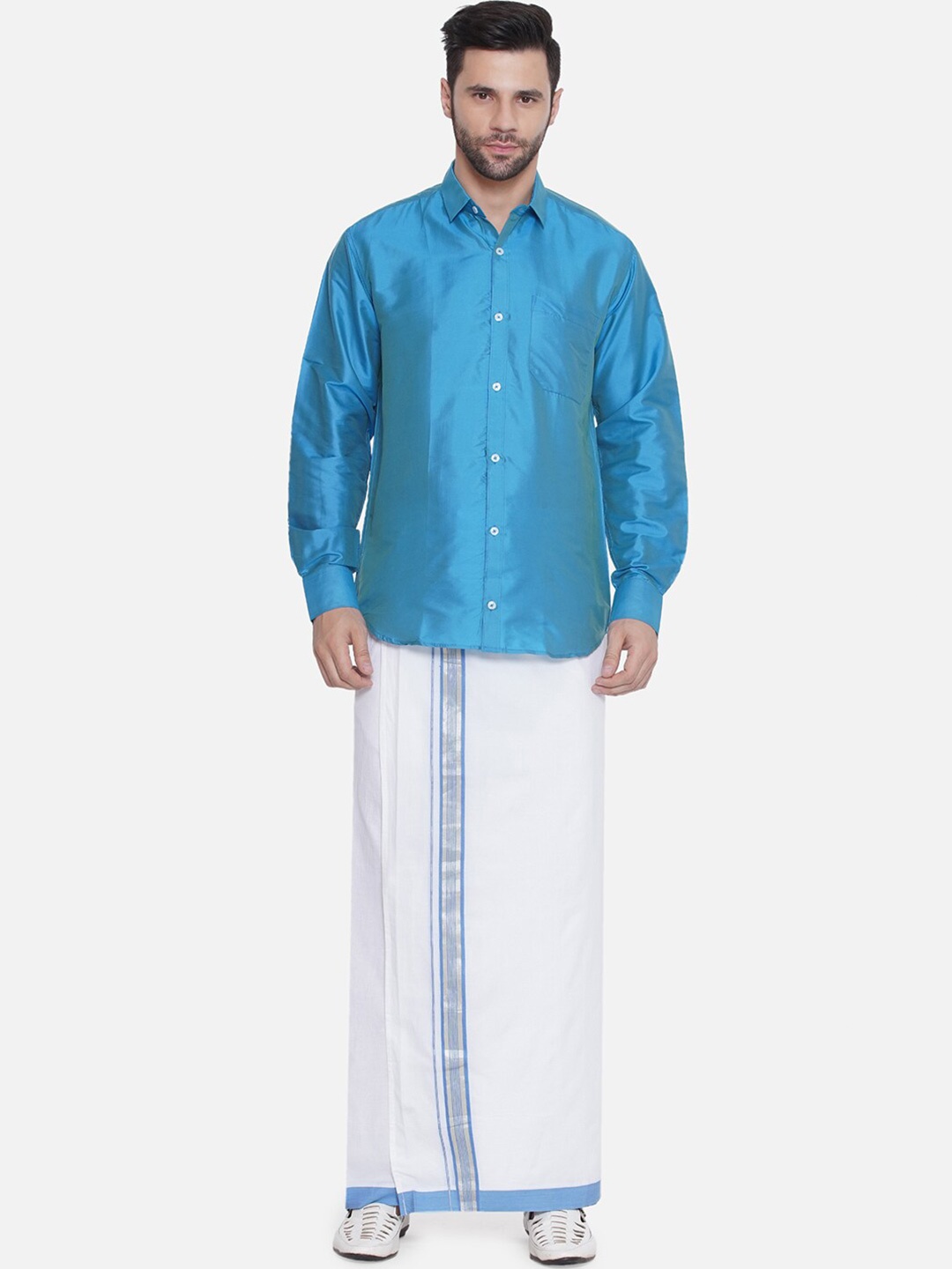 

Sethukrishna Shirt Collar Long Sleeves Shirt With Veshti, Turquoise blue