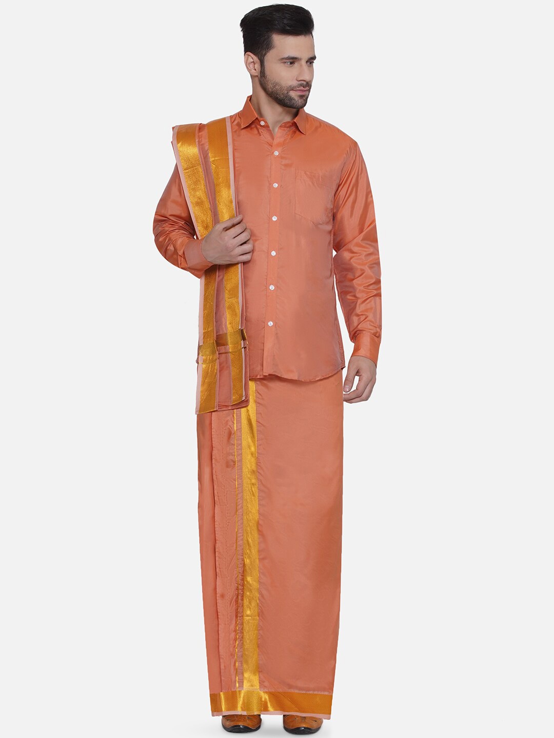 

Sethukrishna Self Designed Shirt & Dhoti, Peach