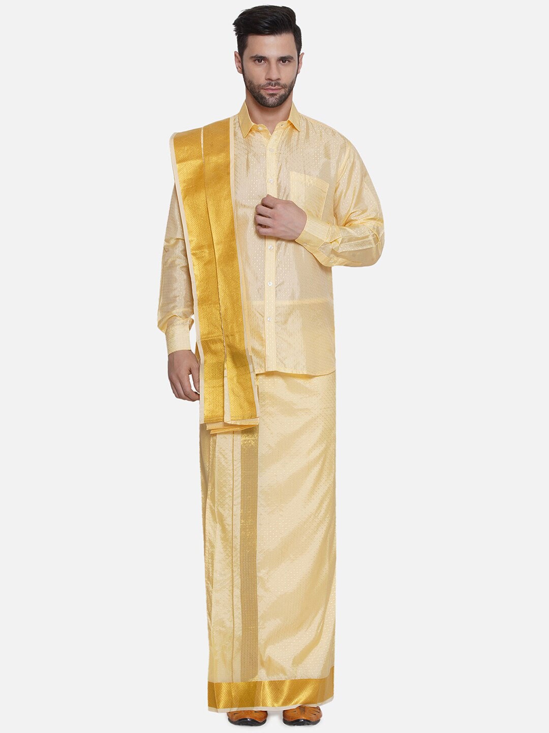 

Sethukrishna Self Design Shirt & Dhoti With Angavastram, Beige
