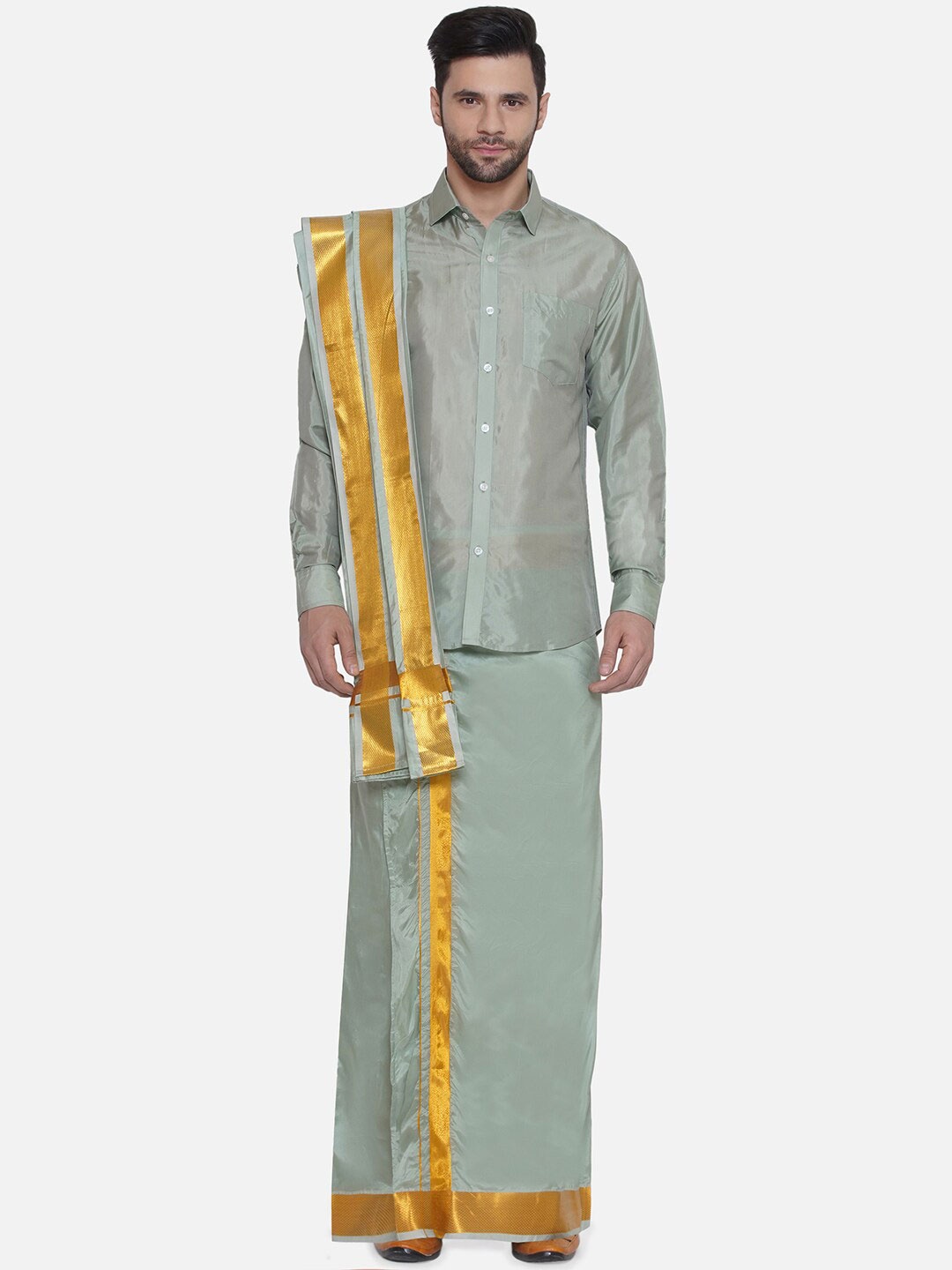 

Sethukrishna Shirt Collar Shirt and Veshti With Angavastram, Green