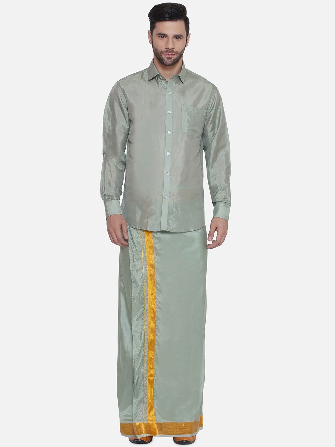 

Sethukrishna Self Designed Shirt & Dhoti, Green