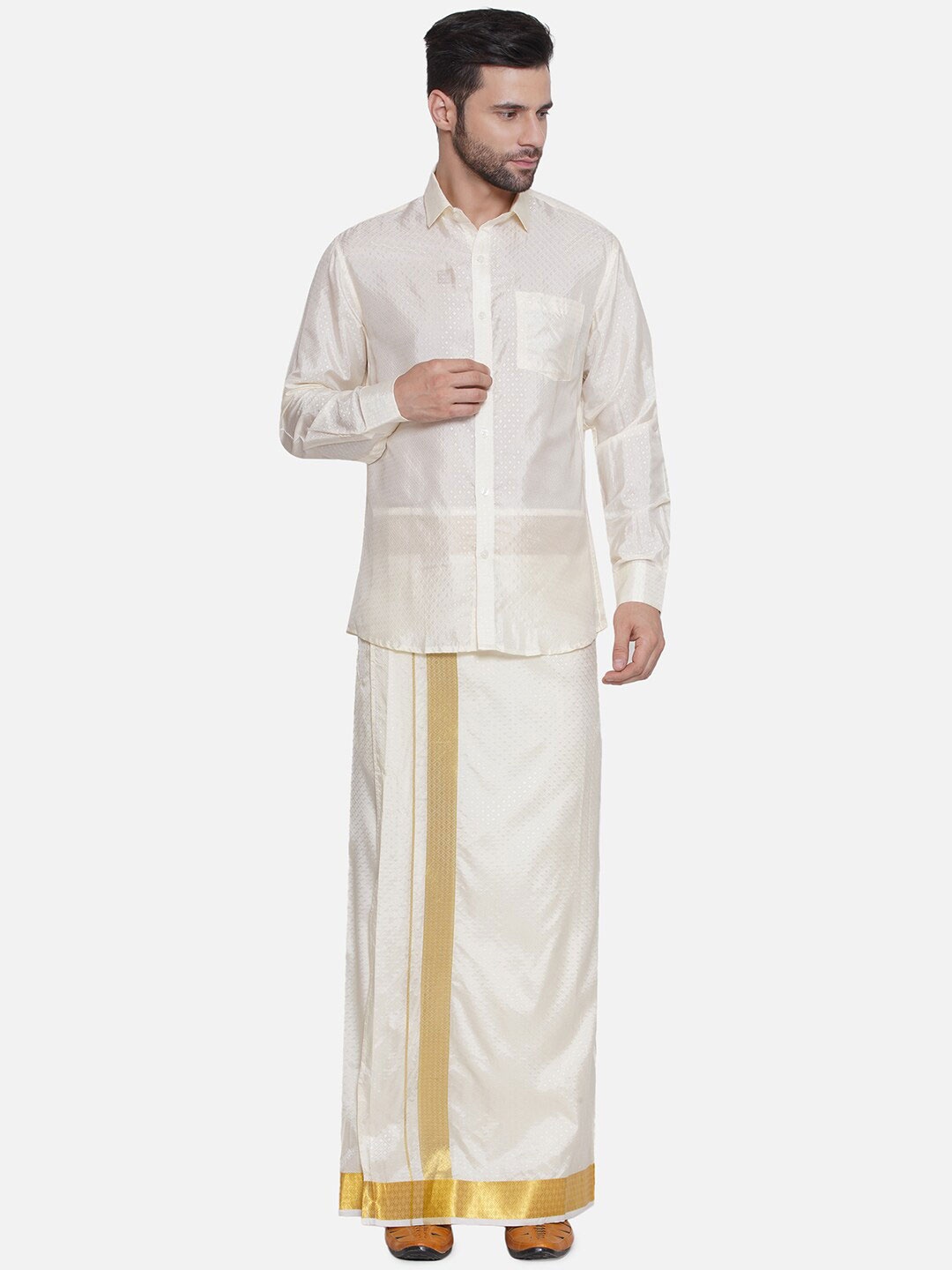 

Sethukrishna Self Design Shirt & Dhoti, Cream