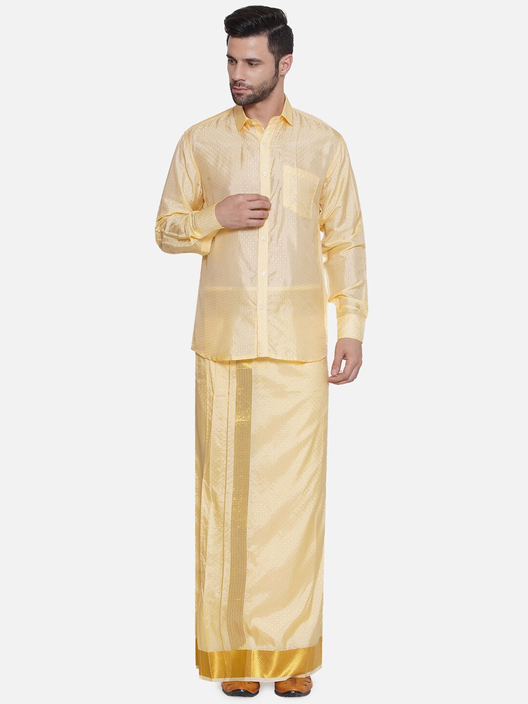 

Sethukrishna Self Design Shirt & Dhoti, Beige