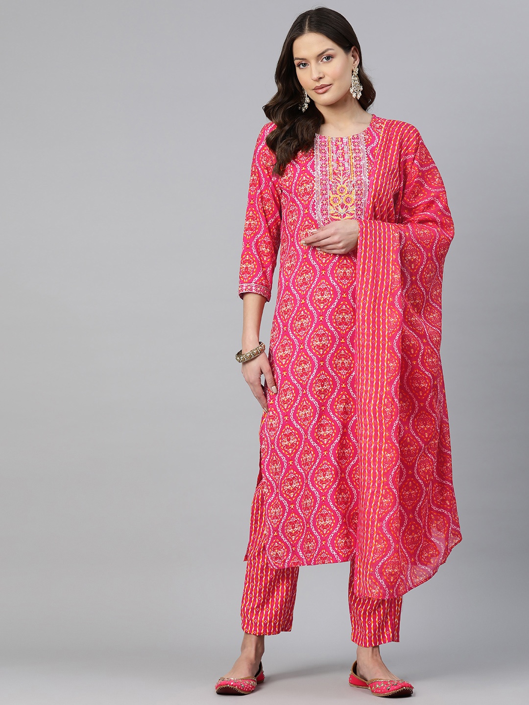 

Readiprint Fashions Ethnic Motifs Printed Sequinned Kurta with Trousers & Dupatta, Pink