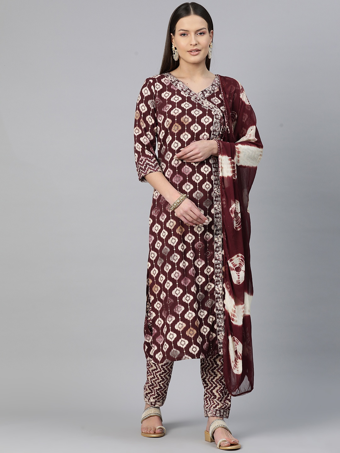 Readiprint Ethnic Motifs Printed Angrakha Sequinned Kurta with Trousers & Dupatta, Maroon
