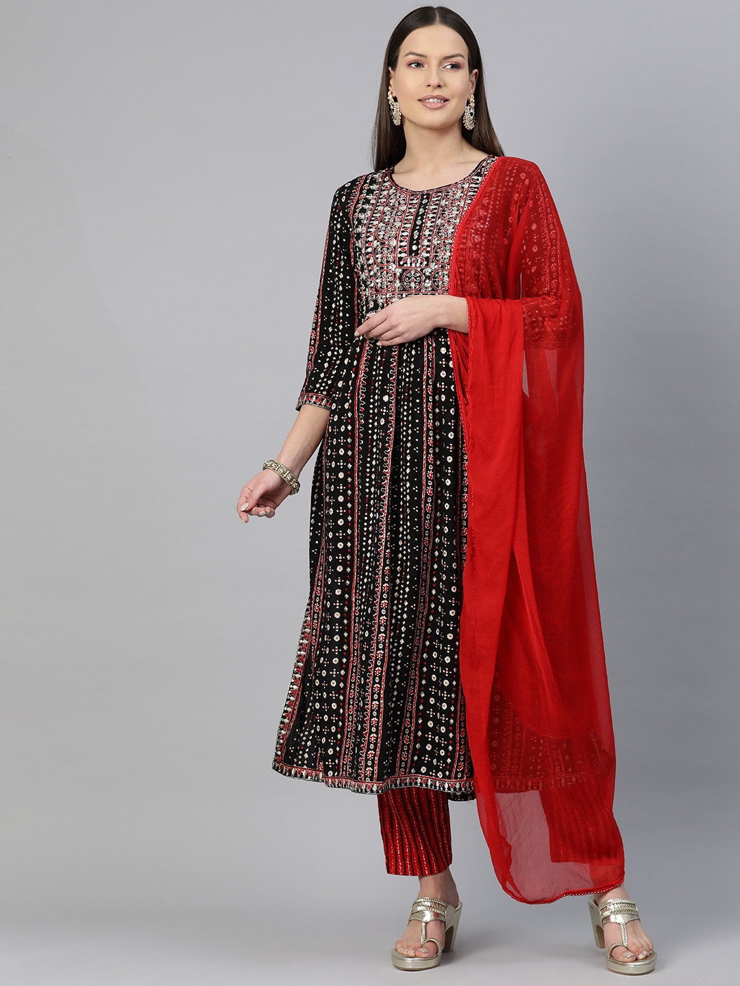 

Readiprint Ethnic Motifs Printed Pleated Sequinned Kurta with Trousers & Dupatta, Red