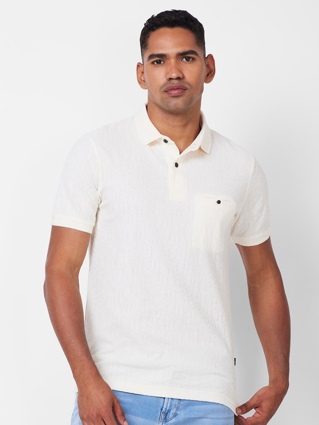 

CELSIUS Self Design Polo Collar Short Sleeves Pockets Regular T-shirt, Cream