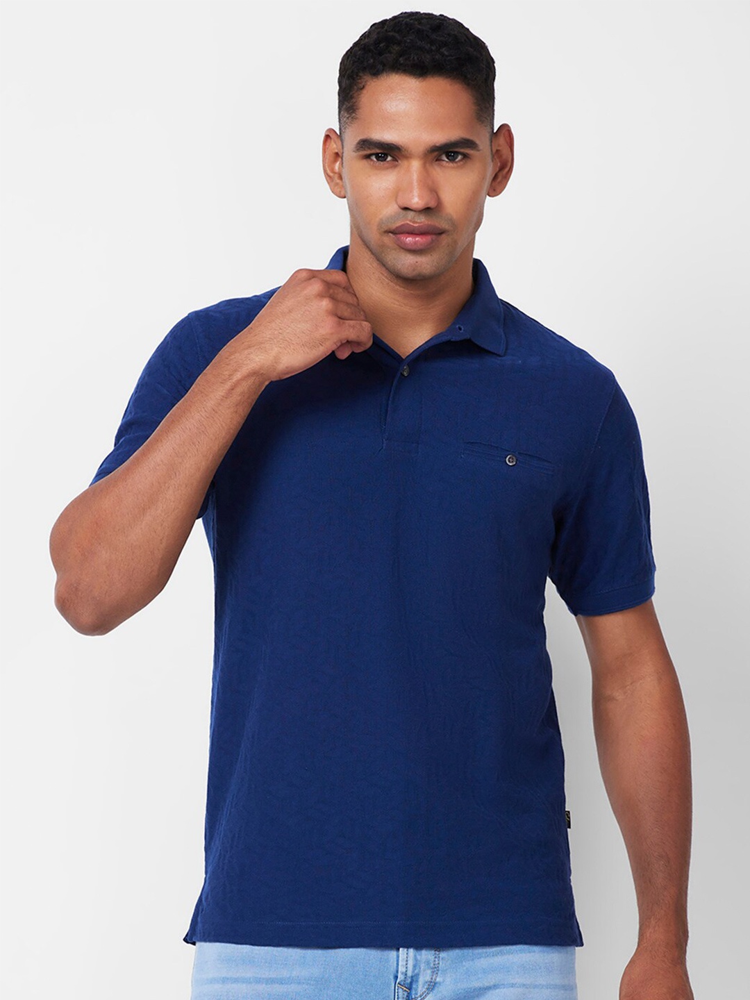 

CELSIUS Self Design Polo Collar Short Sleeves Pockets Regular T-shirt, Navy blue