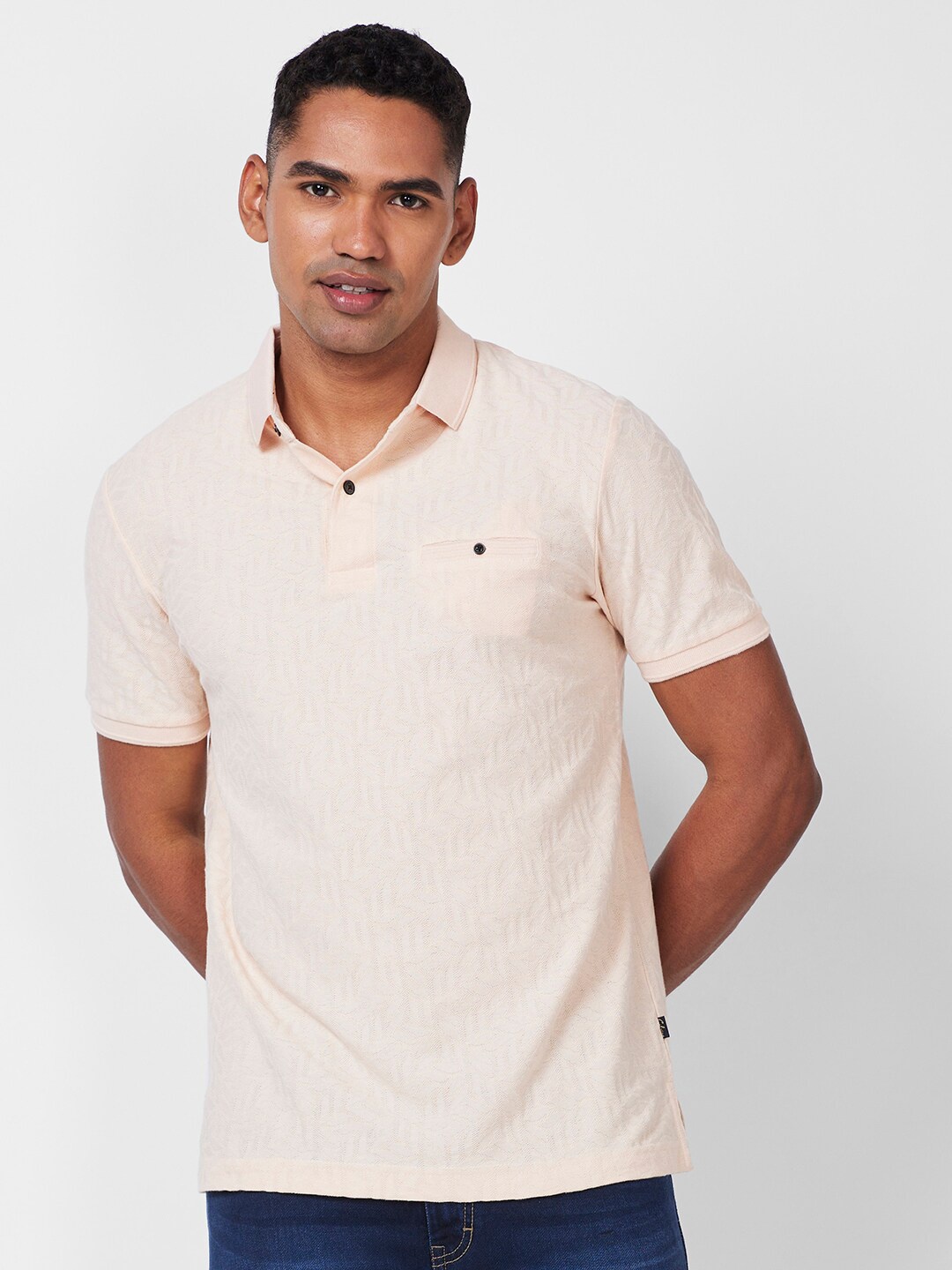 

CELSIUS Self Design Polo Collar Short Sleeves Pockets Regular T-shirt, Pink