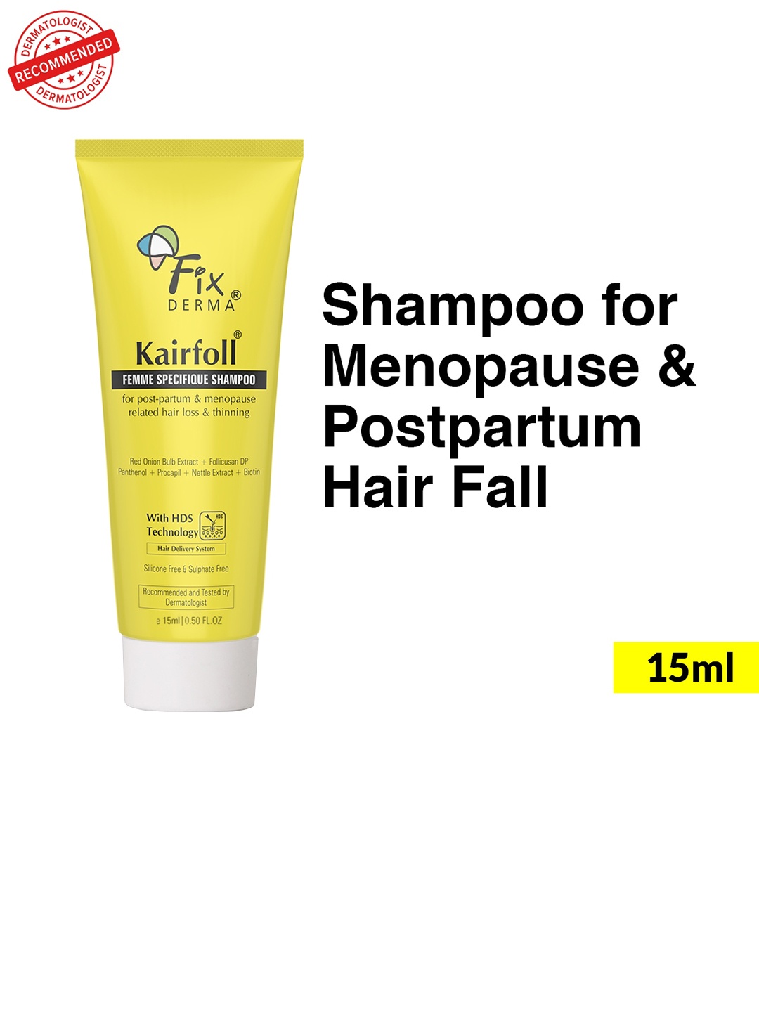 

FIXDERMA Kairfoll Femme Specifique Shampoo for Post-Partum & Menopause with Red Onion-15ml, Yellow