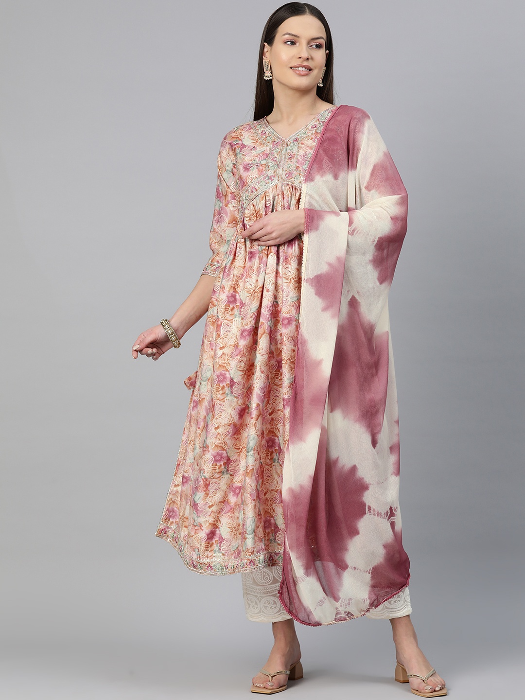 

Readiprint Fashions Floral Printed Empire Sequinned Chanderi Silk Kurta Set, Peach